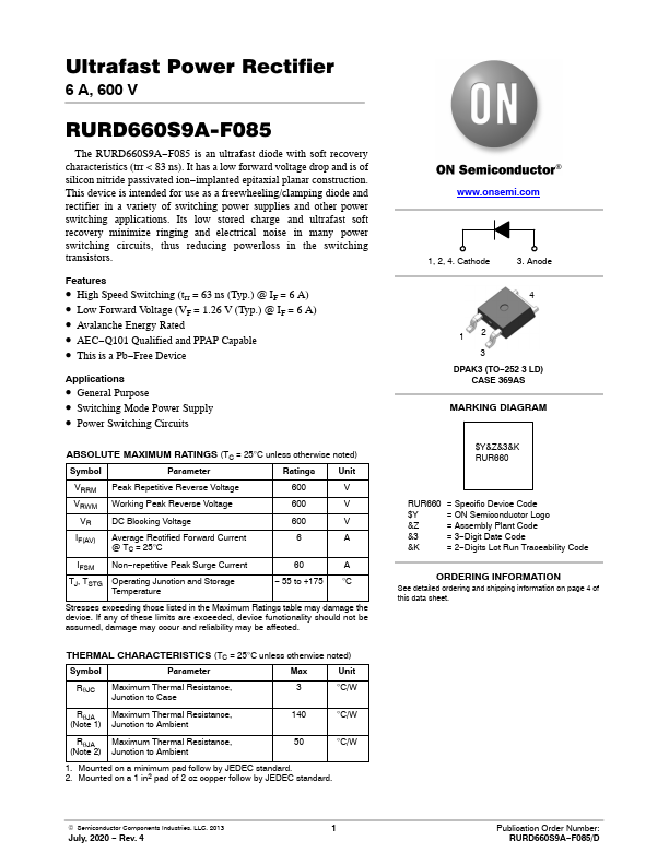 RURD660S9A-F085 ON Semiconductor