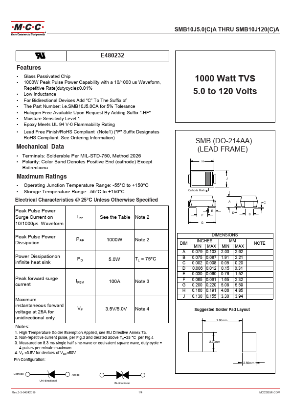 SMB10J5.0CA MCC