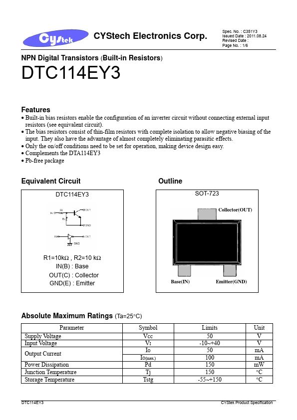 DTC114EY3 CYStech Electronics