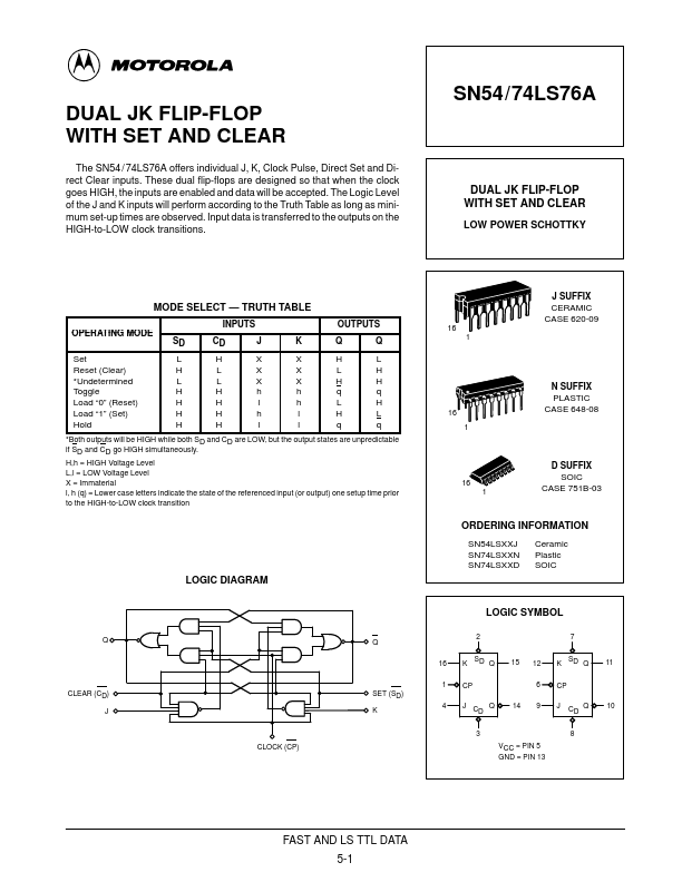 74LS76A Datasheet - DUAL JK FLIP-FLOP