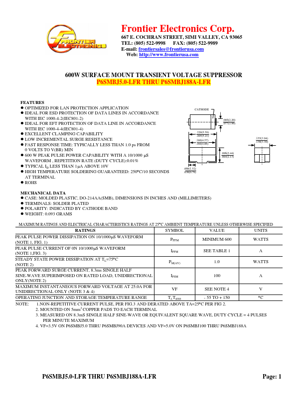 P6SMBJ60-LFR Frontier Electronics