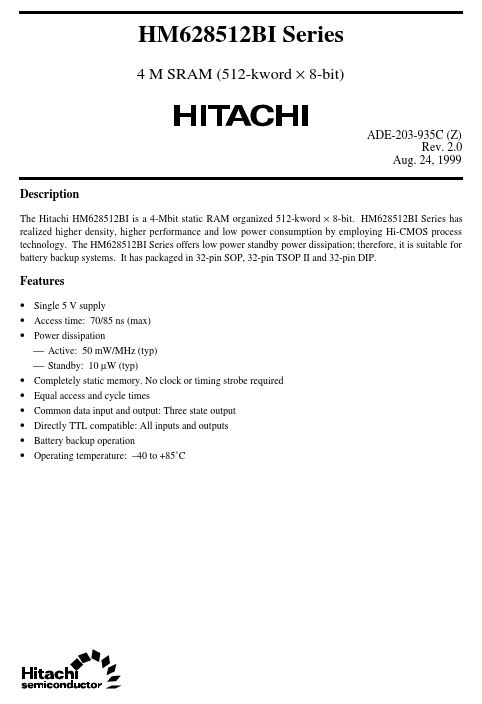 HM628512BI Hitachi Semiconductor