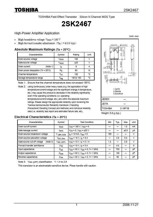 2SK2467 Toshiba Semiconductor