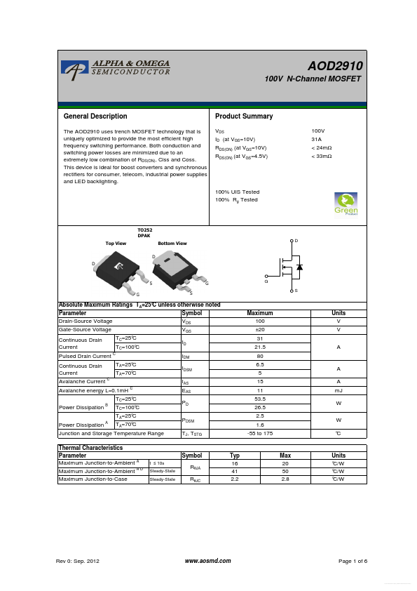 AOD2910 Alpha & Omega Semiconductors