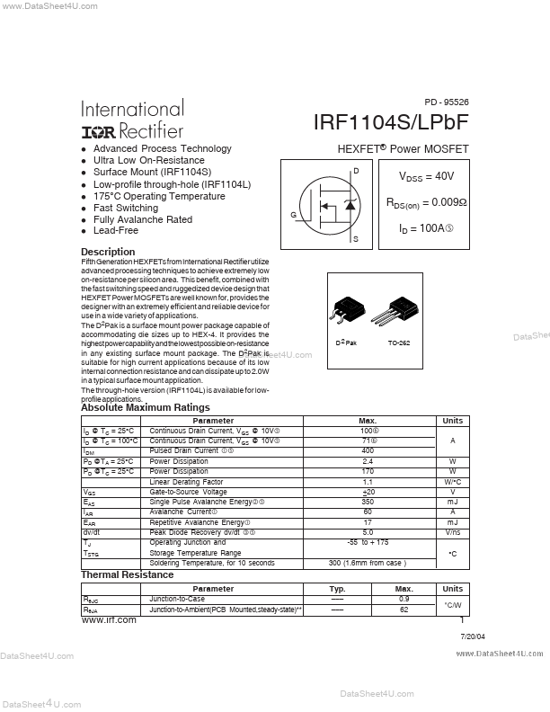 <?=IRF1104SPBF?> डेटा पत्रक पीडीएफ