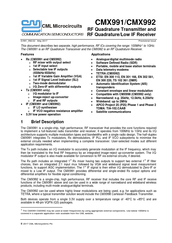 CMX991 Consumer Microcircuits Limited