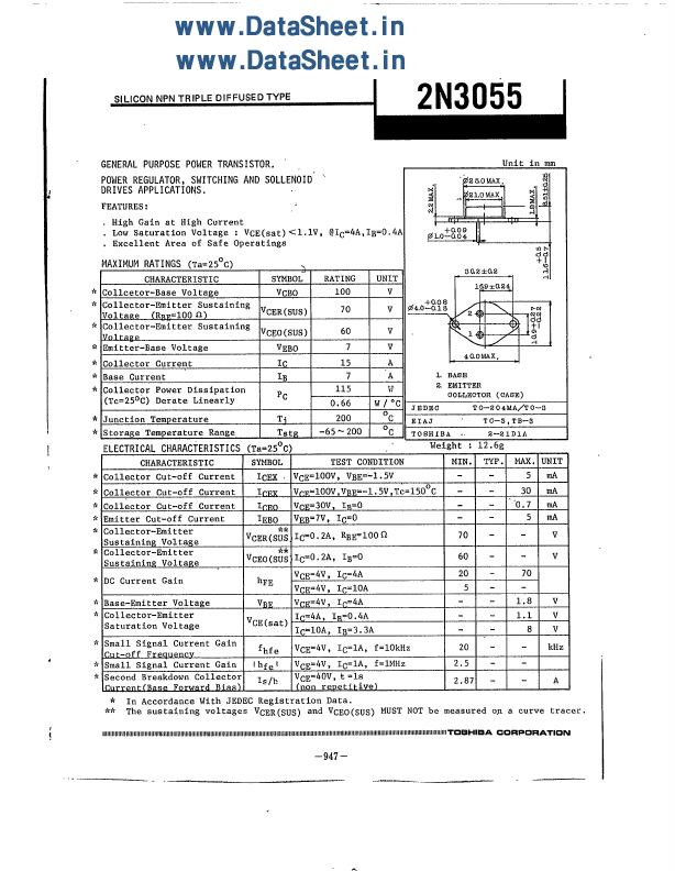 2N3055 Transistor Datasheet pdf - NPN Transistor. Equivalent, Catalog
