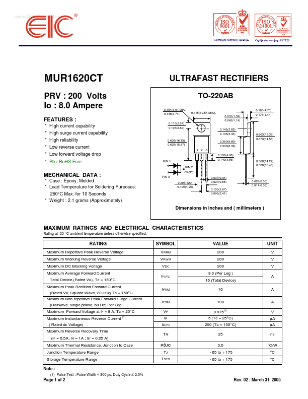 <?=MUR1620CT?> डेटा पत्रक पीडीएफ