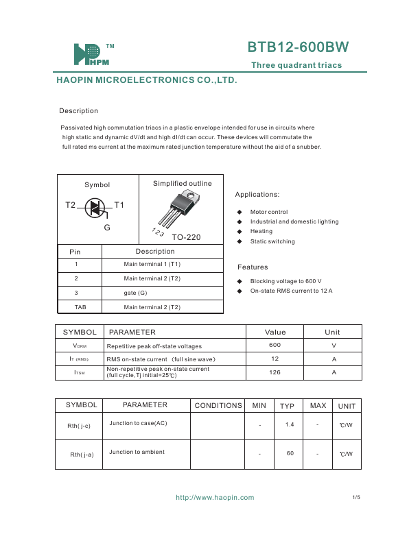 BTB12-600BW HAOPIN MICROELECTRONICS