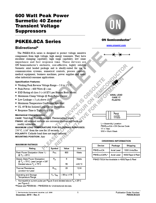 P6KE6.8CA ON Semiconductor