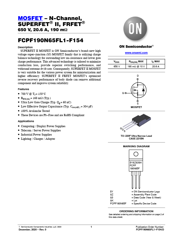 FCPF190N65FL1-F154 ON Semiconductor