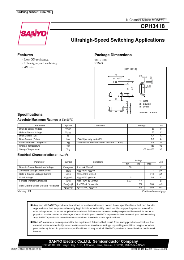 CPH3418 Sanyo Semicon Device