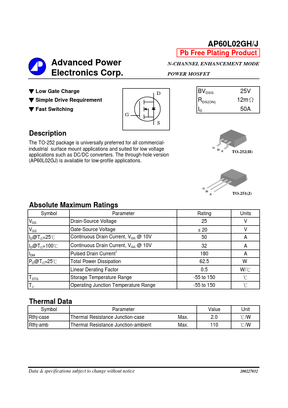 AP60L02GH Advanced Power Electronics