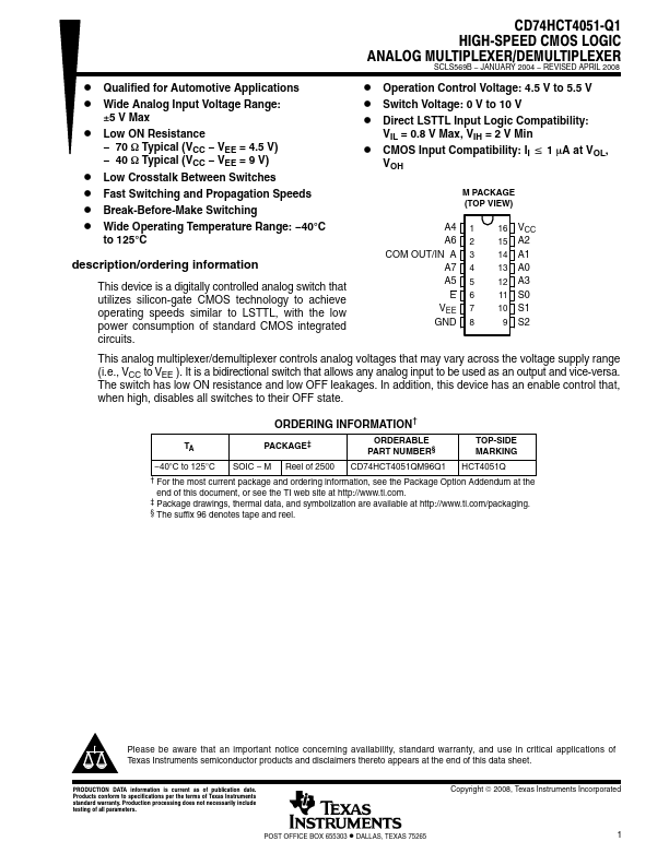 <?=CD74HCT4051-Q1?> डेटा पत्रक पीडीएफ