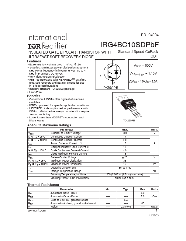 <?=IRG4BC10SDPBF?> डेटा पत्रक पीडीएफ