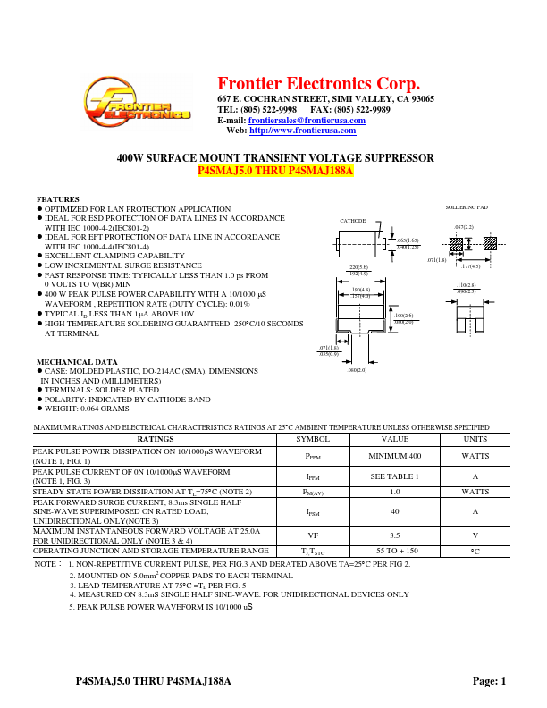 P4SMAJ20 Frontier Electronics