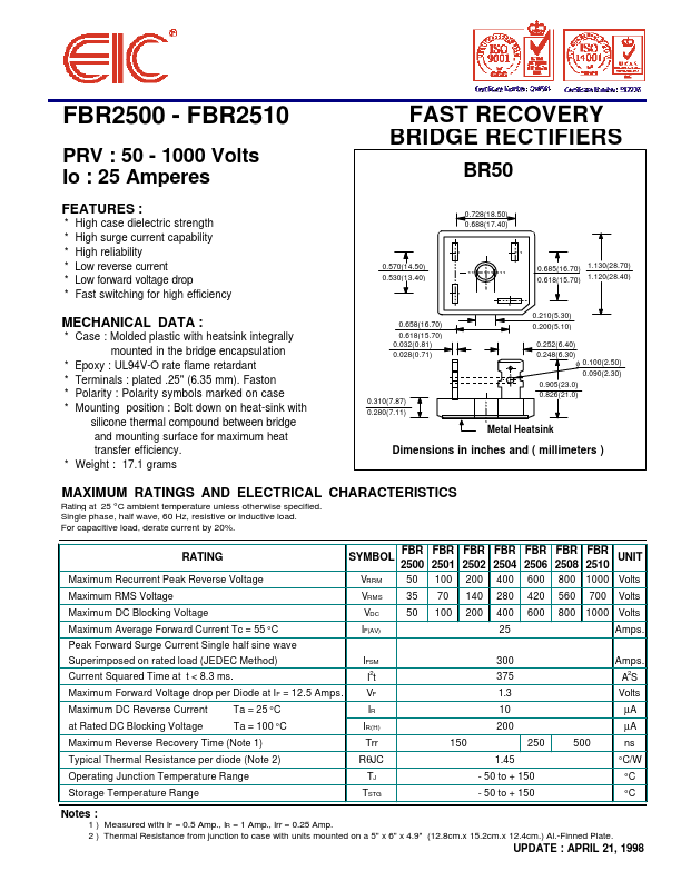 FBR2508 EIC discrete Semiconductors
