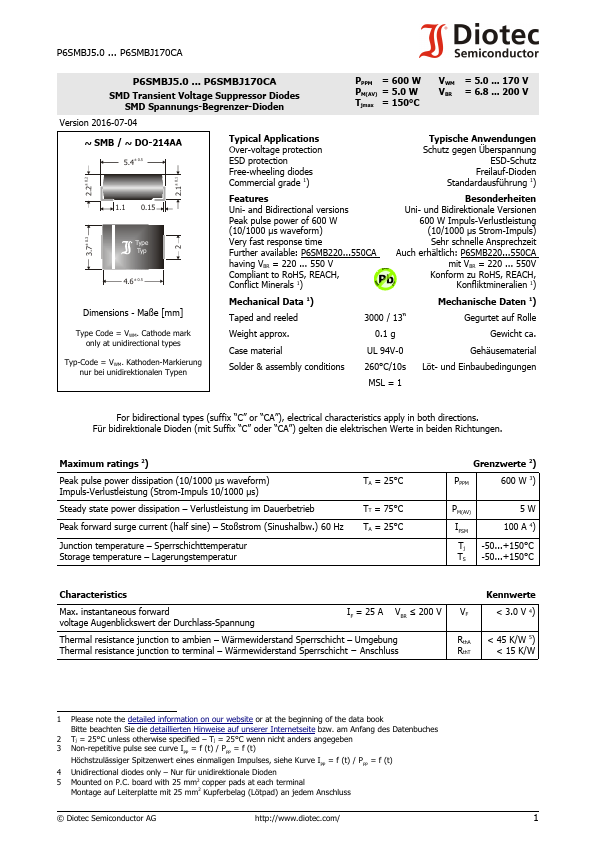 P6SMBJ22A Diotec