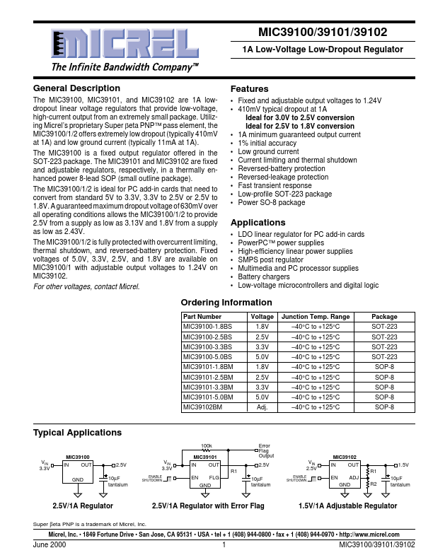 MIC39101 Micrel Semiconductor