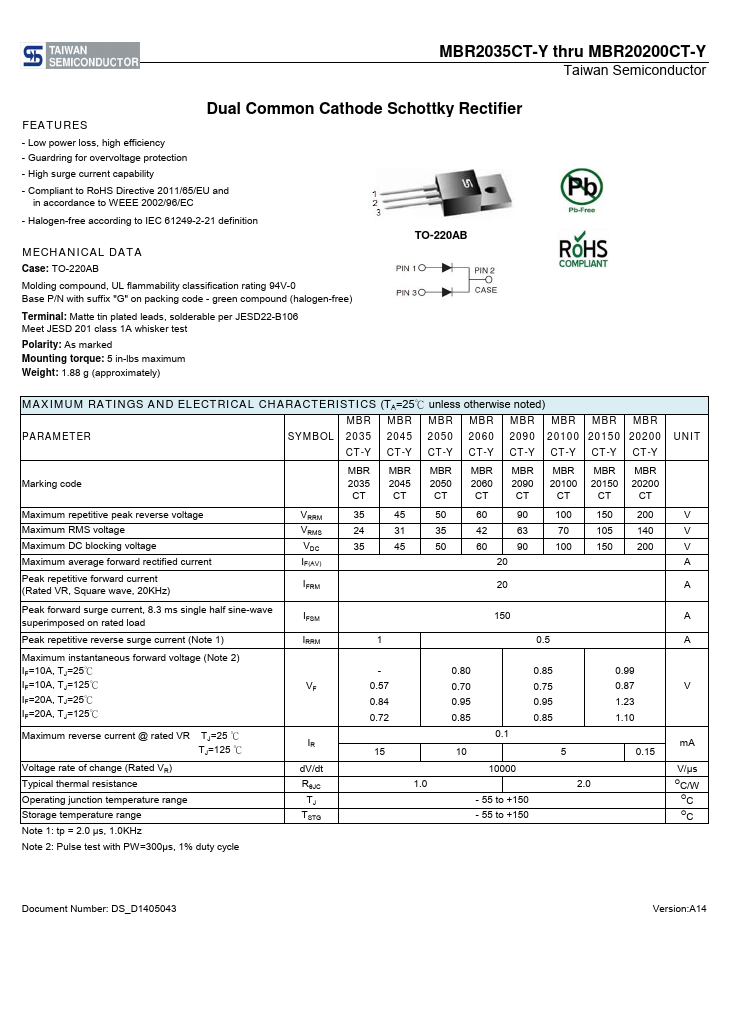 MBR2045CT-Y Taiwan Semiconductor