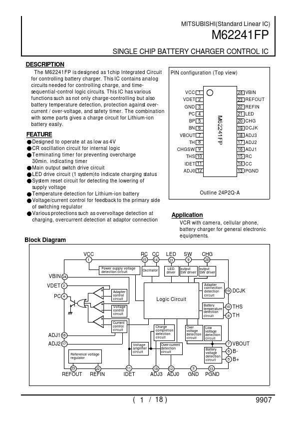 M62241 datasheet - Single CHIP Battery Charger Control IC