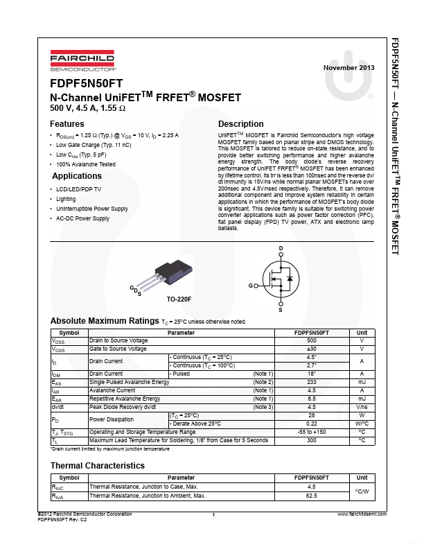 <?=FDPF5N50FT?> डेटा पत्रक पीडीएफ