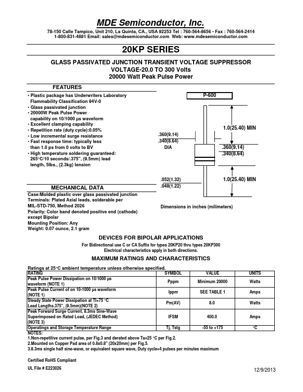 20KP192CA MDE Semiconductor