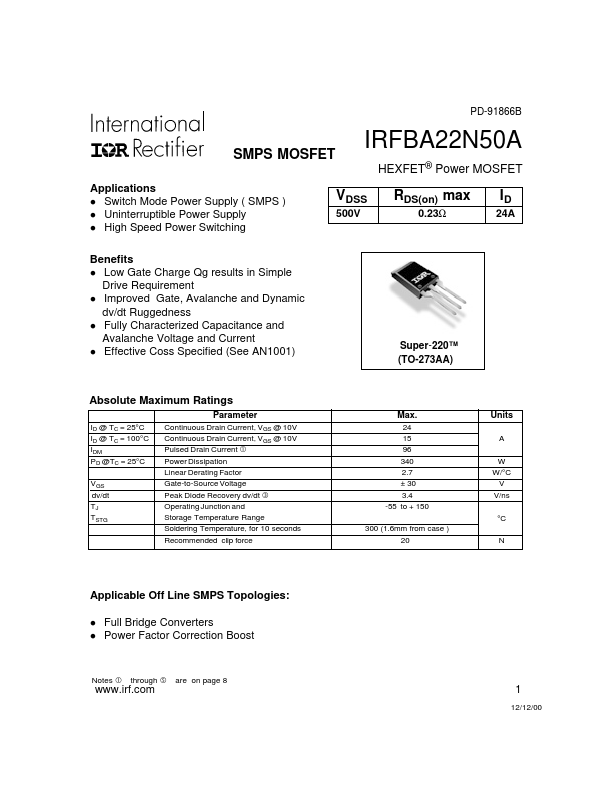 <?=IRFBA22N50A?> डेटा पत्रक पीडीएफ