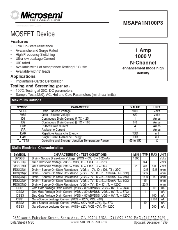 MSAFA1N100P3 Microsemi Corporation