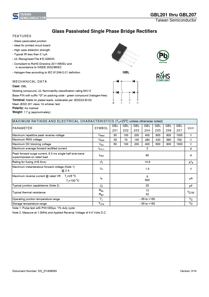 GBL201 Taiwan Semiconductor