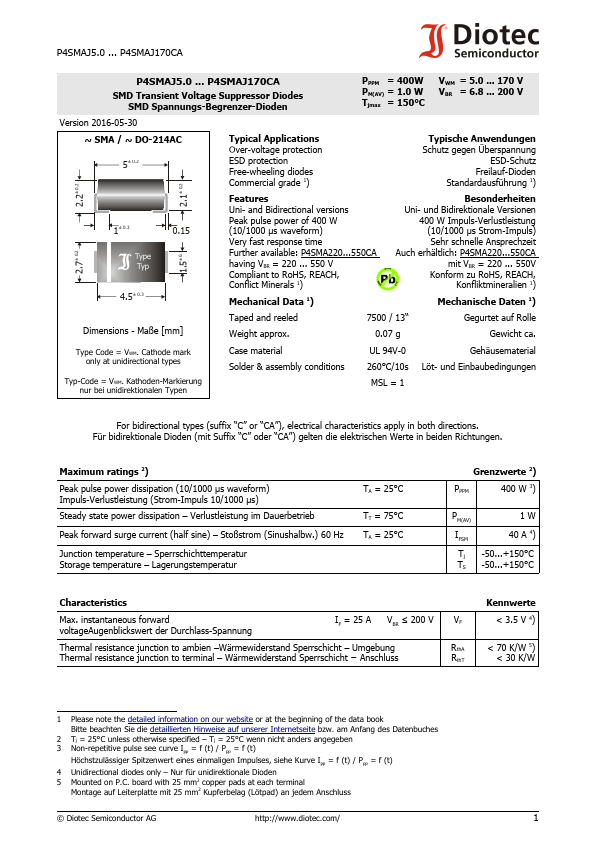 P4SMAJ7.0A Diotec Semiconductor