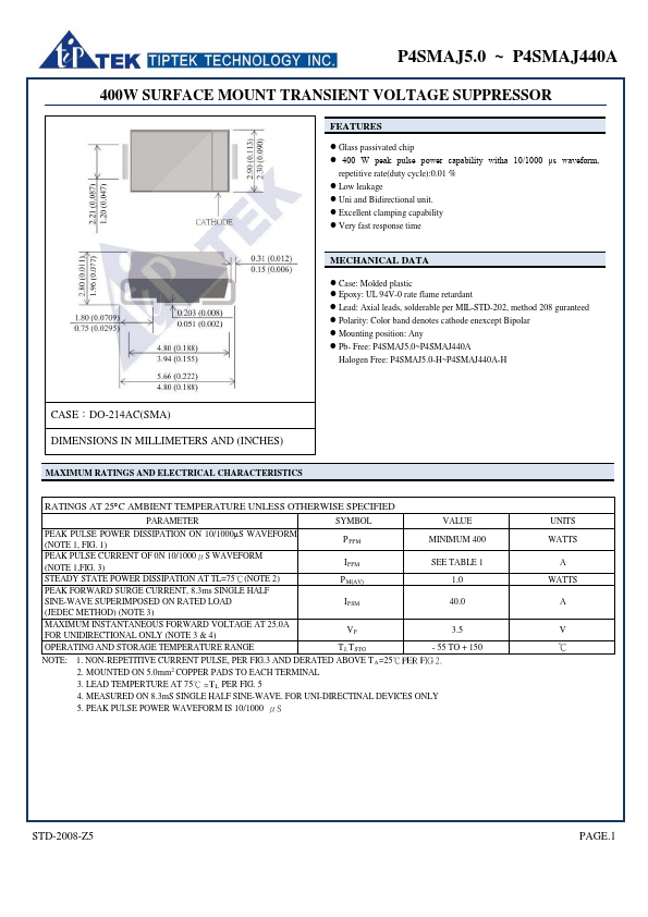 P4SMAJ160A TIPTEK