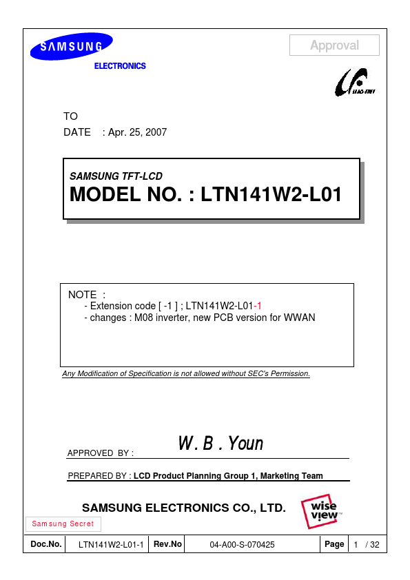 <?=LTN141W2-L01?> डेटा पत्रक पीडीएफ