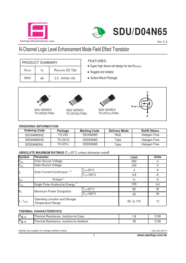 SDU04N65 SamHop Microelectronics