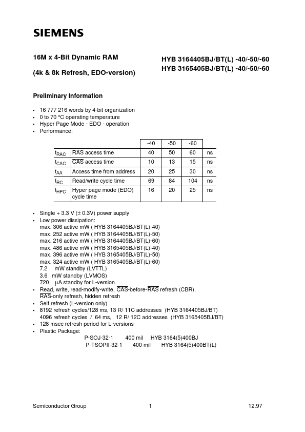 <?=HYB3164405BJ-50?> डेटा पत्रक पीडीएफ