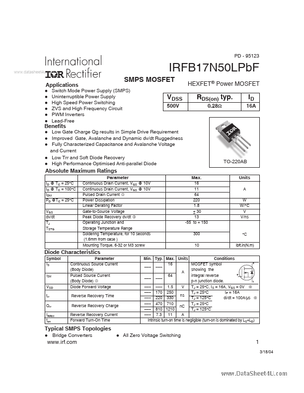 <?=IRFB17N50LPBF?> डेटा पत्रक पीडीएफ