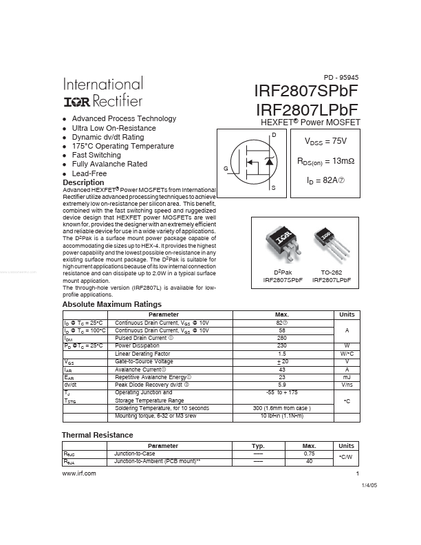 <?=IRF2807SPbF?> डेटा पत्रक पीडीएफ