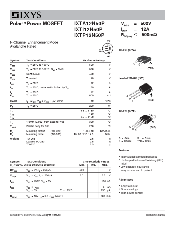 IXTA12N50P