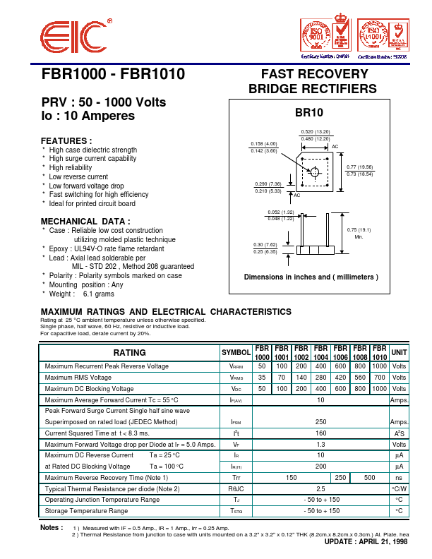 FBR1000 EIC discrete Semiconductors