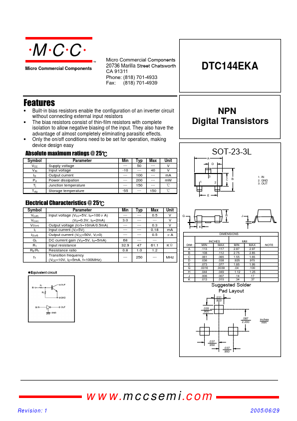 <?=DTC144EKA?> डेटा पत्रक पीडीएफ