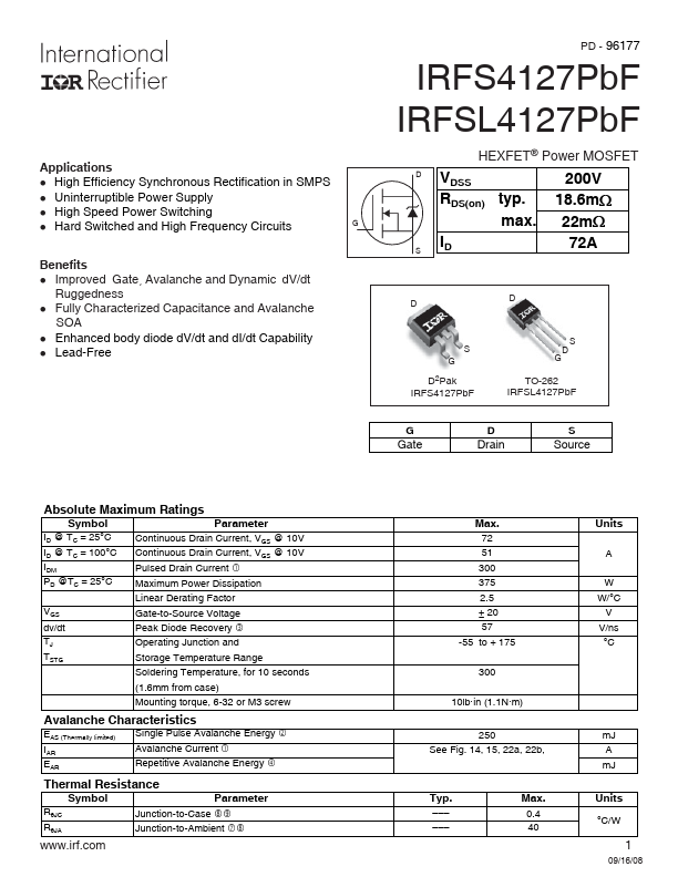 <?=IRFS4127PbF?> डेटा पत्रक पीडीएफ