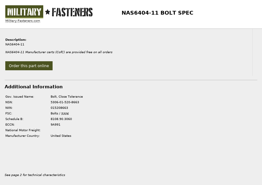 NAS6404-11 Military Fasteners