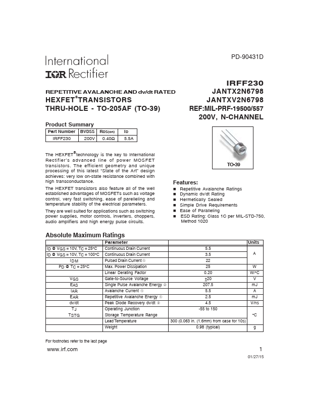 JANTXV2N6798 International Rectifier