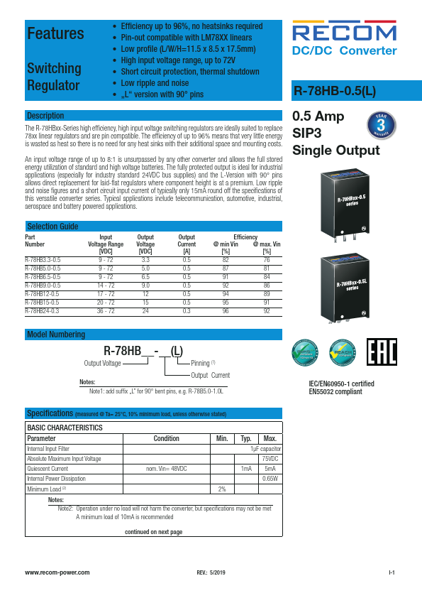 R-78HB6.5-0.5 Recom