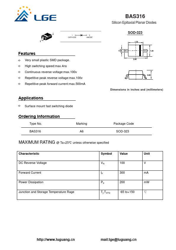 BAS316 Diodes Datasheet pdf - Planar Diodes. Equivalent, Catalog