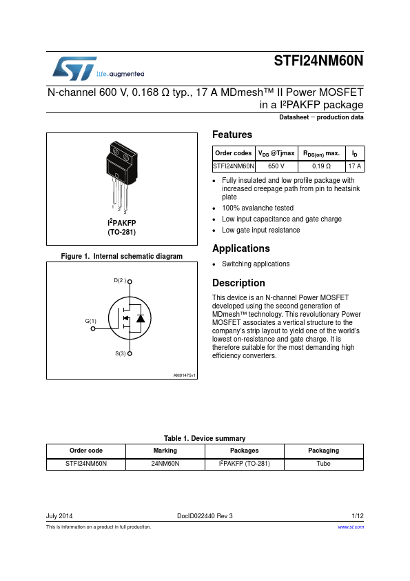 <?=STFI24NM60N?> डेटा पत्रक पीडीएफ