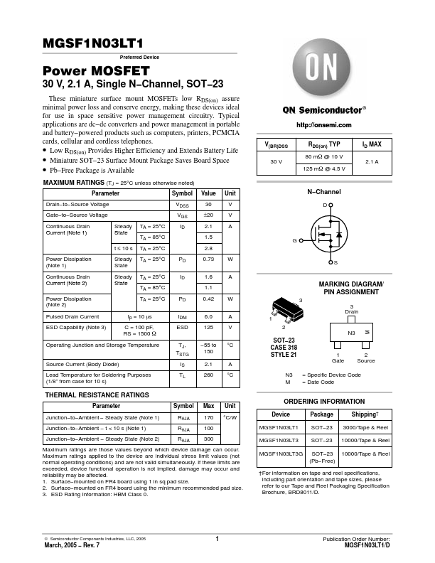 MGSF1N03LT1 ON Semiconductor