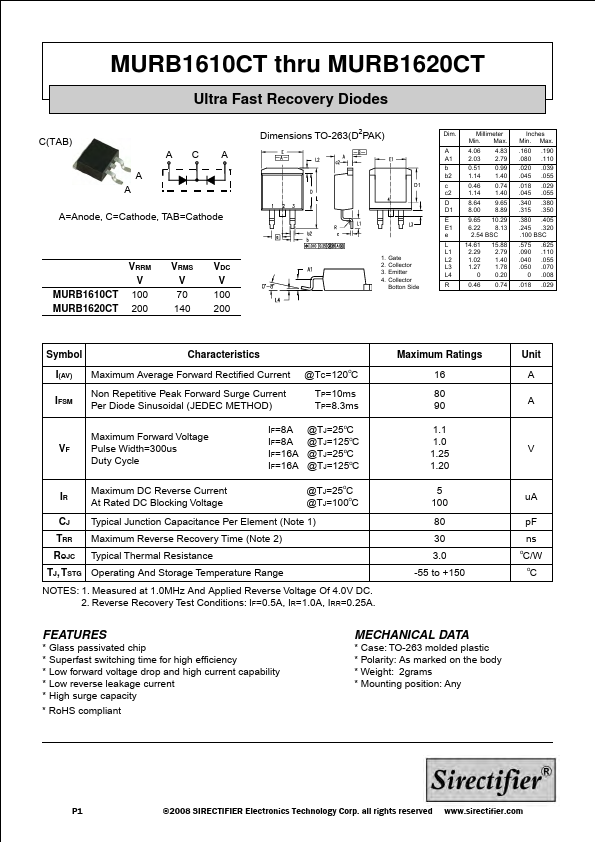 MURB1620CT Sirectifier Semiconductors