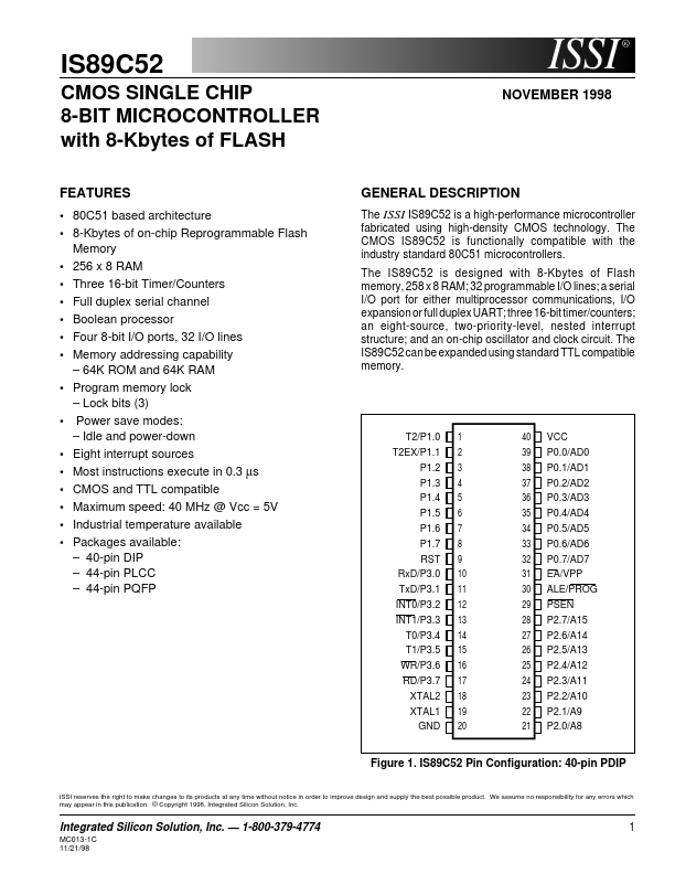 IS89C52-12PQI Integrated Silicon Solution  Inc