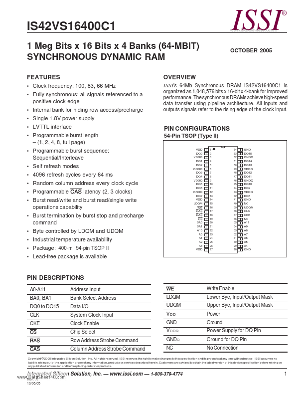 IS42VS16400C1 Integrated Silicon Solution